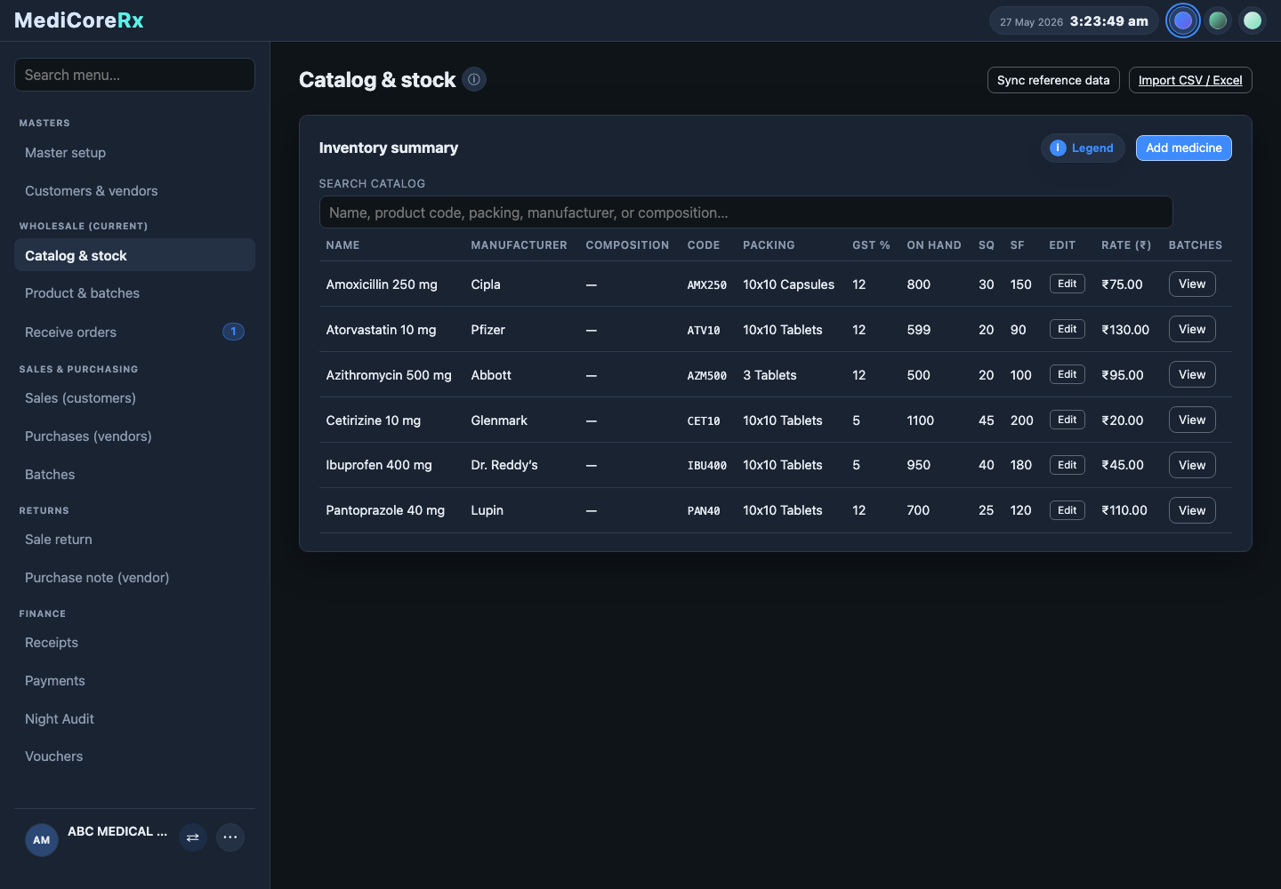 MediCoreRx admin catalog and stock page