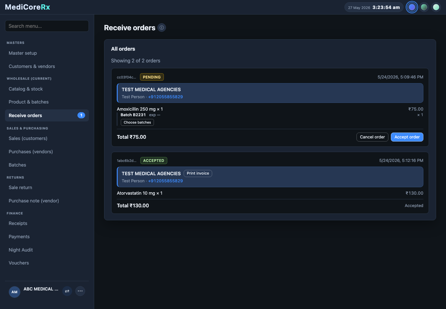 MediCoreRx admin receive orders page with pending and accepted orders
