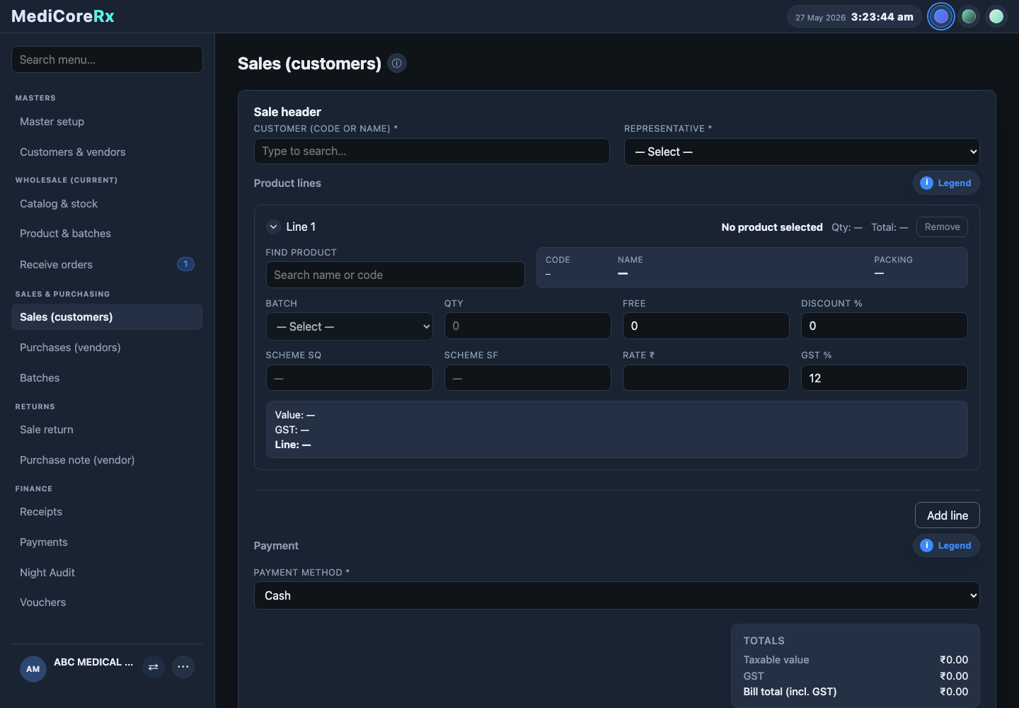 MediCoreRx admin sales billing page