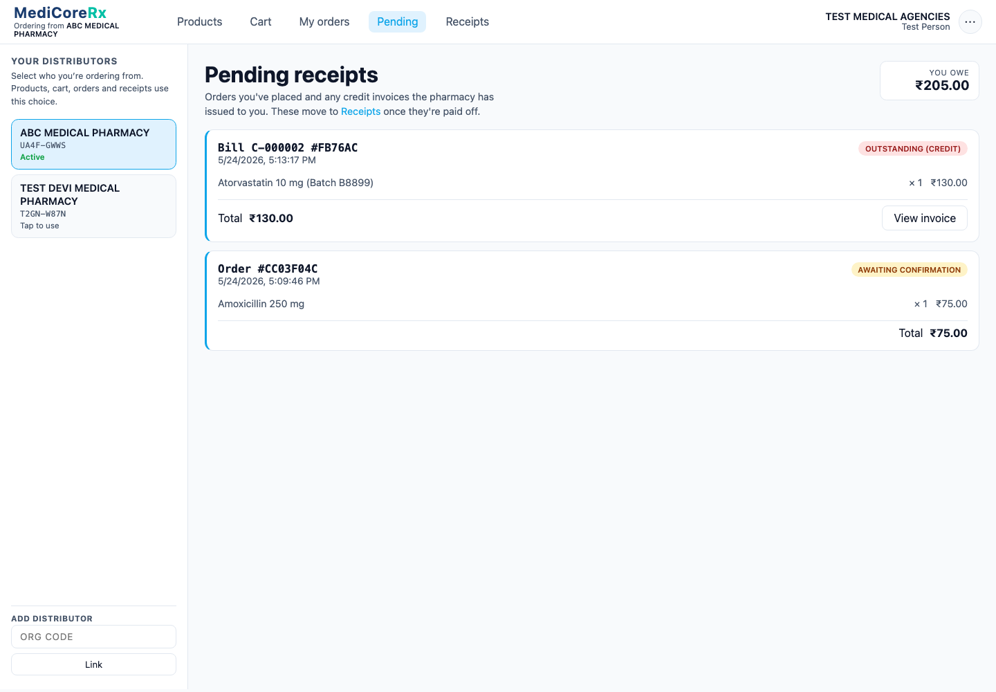 MediCoreRx ordering portal pending receipts page