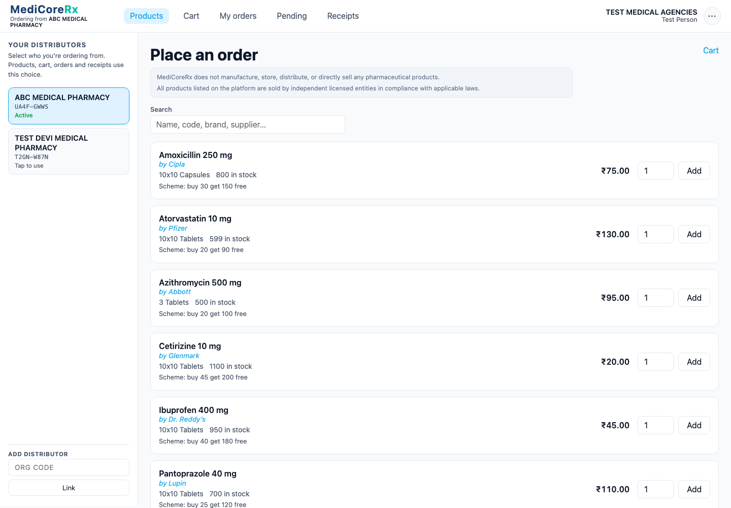 MediCoreRx ordering portal products page