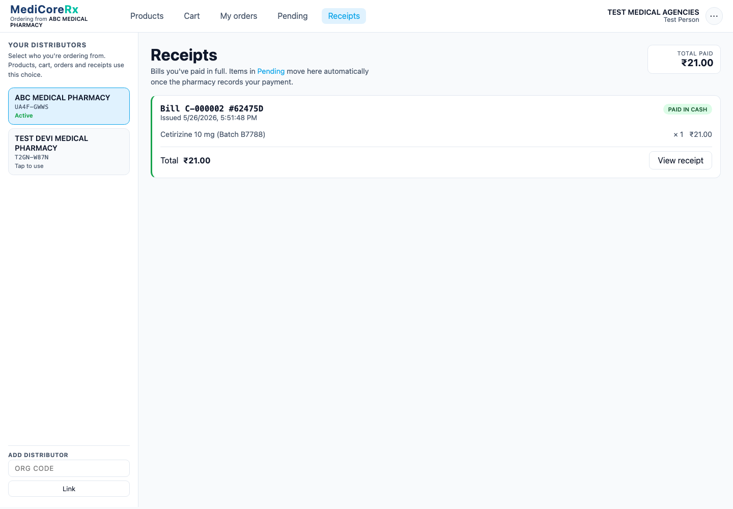 MediCoreRx ordering portal receipts page